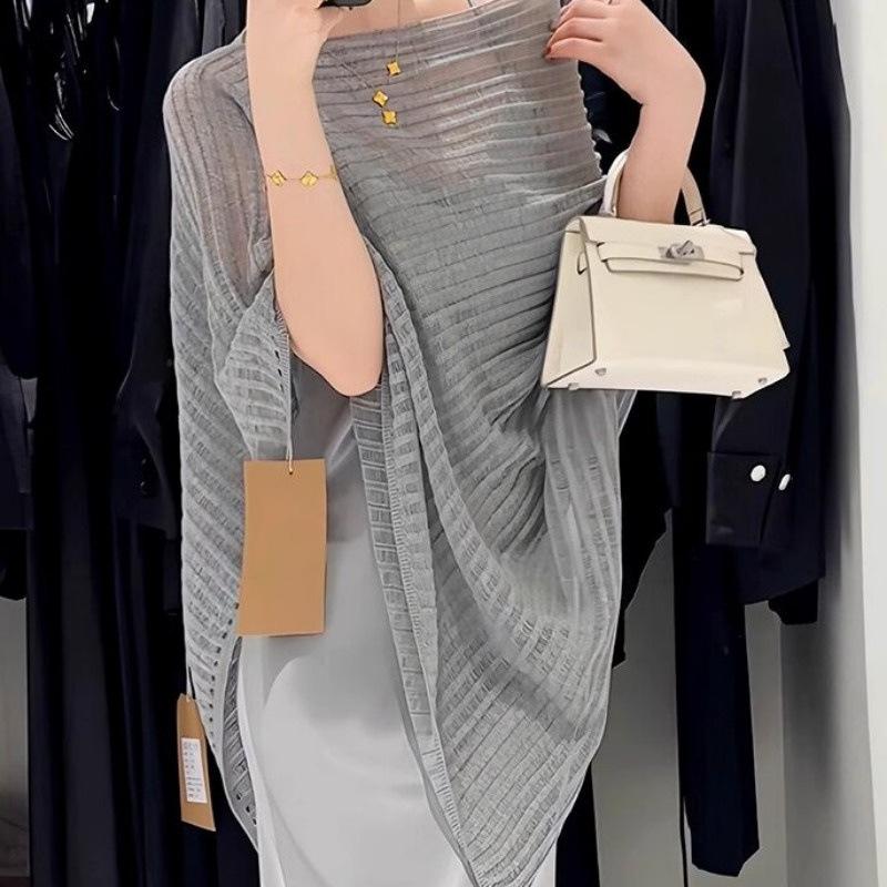 Літня нова однотонна блуза з захистом від сонця на шию, жіночна, універсальна, ажурний в'язаний светр, рукав-летюча миша, шаль-накидка, топ