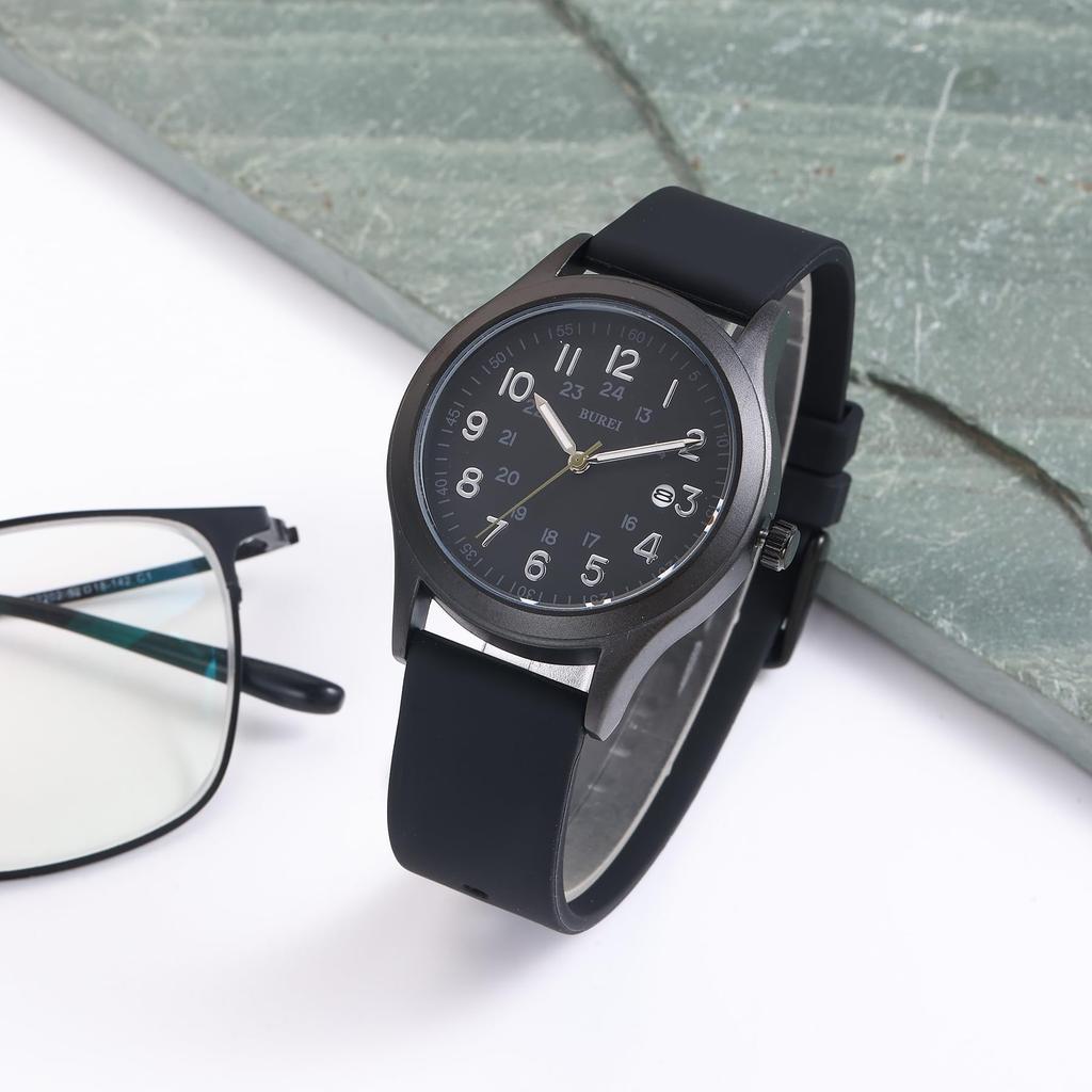 BUREI Quartz Analog Simple Date Silica Gel Popular Gift Men's Watch, Design, Black, Display, Waterproof, Luminous, Lightweight, Strap, Unisex,