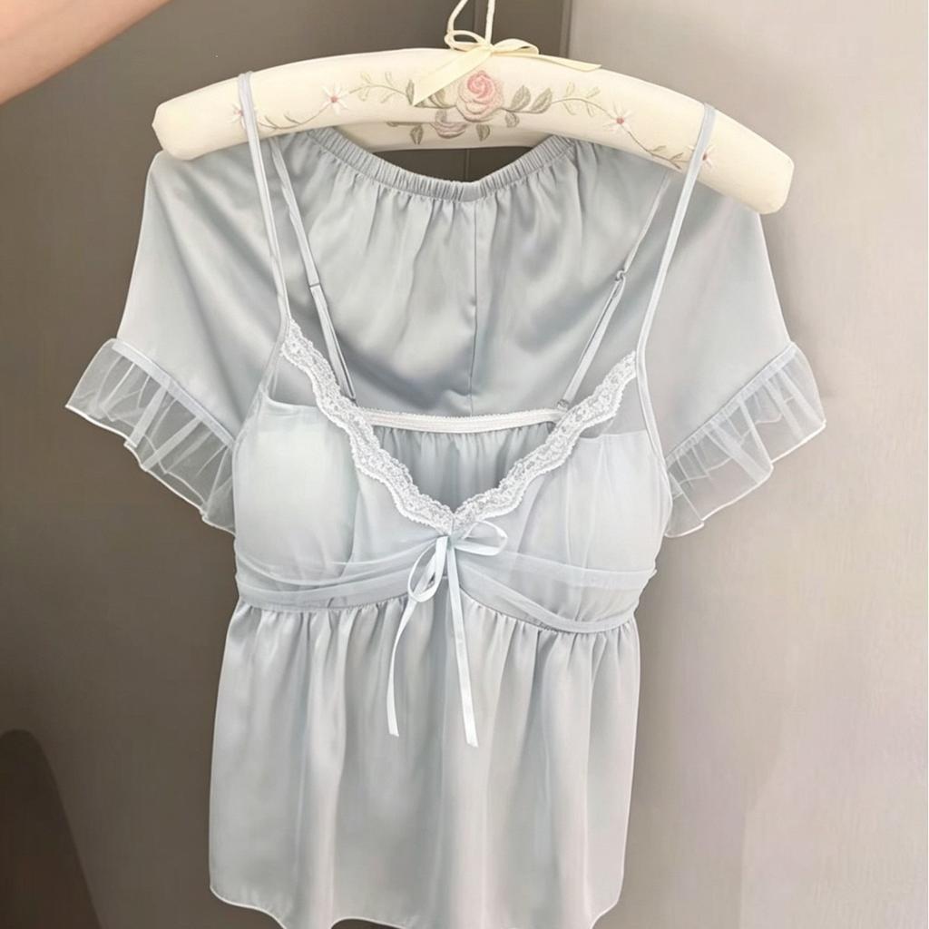 1011 Spring New French Sweet Suspender Shorts Ice Ribbon Chest Pad Three-piece Homewear Pajama Set