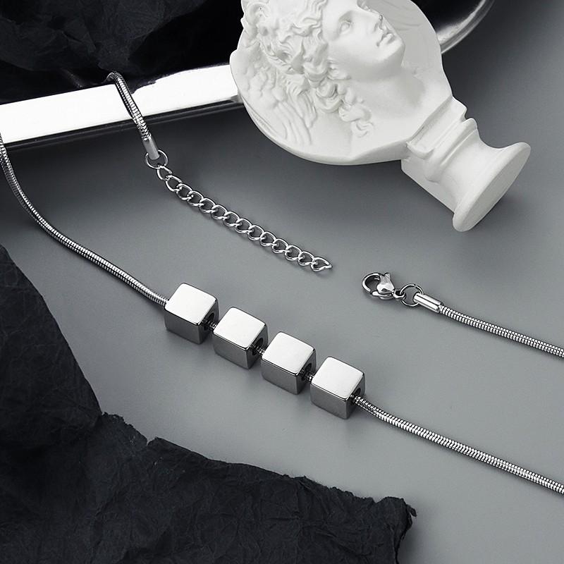 Mens Stainless Steel Snake Chain Necklace with Cube Beads Geometric Minimalist Edgy Jewelry Gift