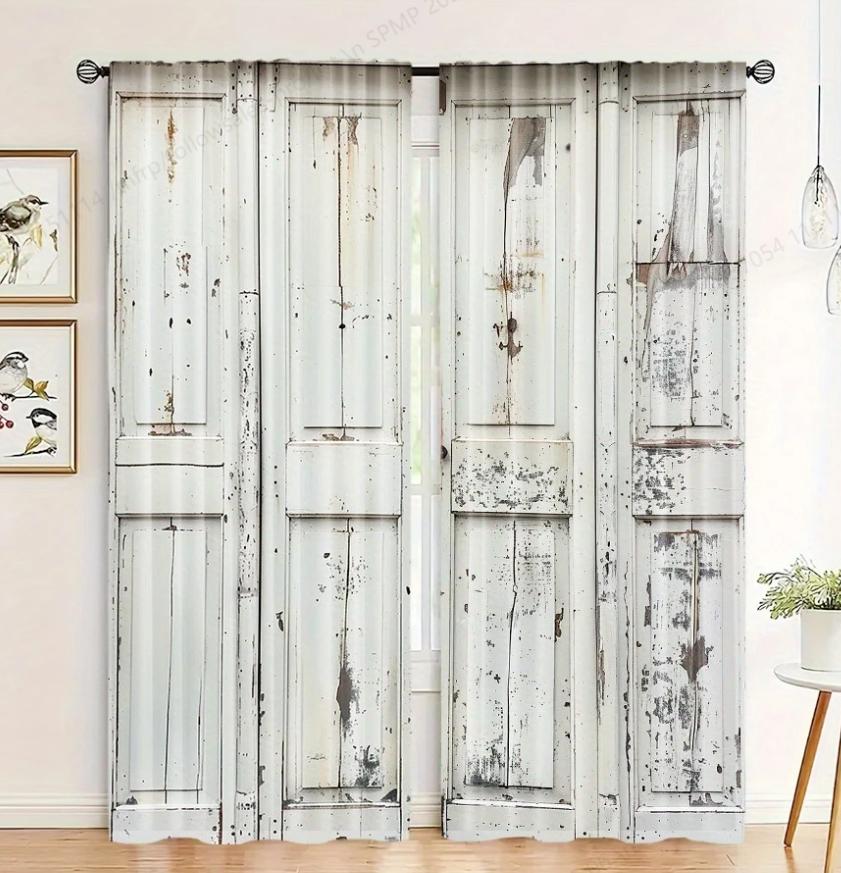 2PCS rural barn door printed curtains   pole bag polyester material design   bedroom   home decoration
