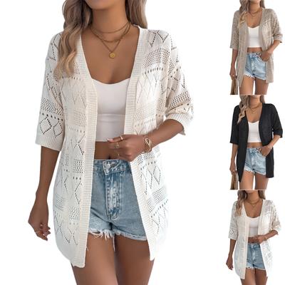 Damen Strickjacke/Top mit Lochmuster, kurzärmlig, einfarbig, lässig, für den Urlaub.