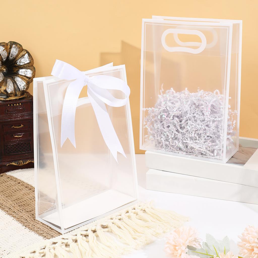 10Pcs Clear Plastic Gift Bag with Die Cut Handles Reusable PP Flower Bag with Ribbon for Wedding Bridal Birthday Party Business