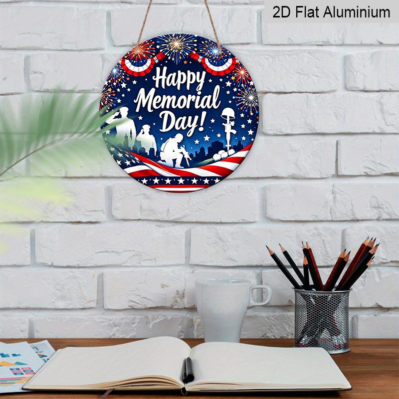 2D Flat, 1pc Round Happy Memorial Day Aluminum Hanging Sign, Patriotic US Soldier Silhouette Firework Flag Design, Weatherproof Metal Wall Decor
