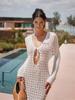 2025 Summer Women Elegant Knit Beach Maxi Dress Sexy Deep V Neck Cut Out Bell Sleeve Bodycon Vacation Maxi Dresses K226