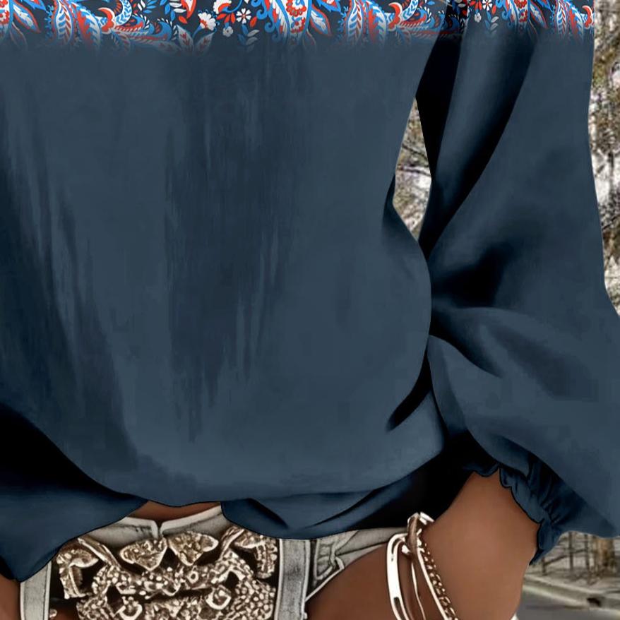Lady Bohemian Retro Western Style V-Neck Shirt - Lantern Sleeve Top, Suitable for Casual Outfits and Vacation Wear. Regular Fit Without Stretch.