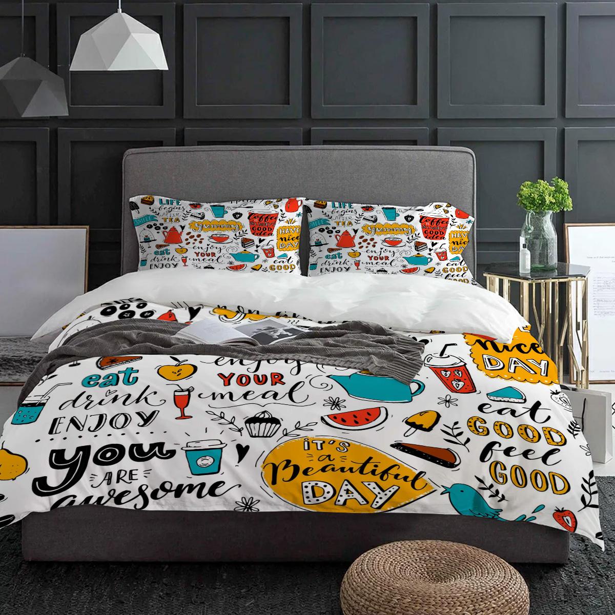 

Кофейня Кафе Дудл Чайник Чашка Еда Постельный комплект 3 предмета Пододеяльник Наволочка Покрывало Двуспальный комплект Домашний текстиль EU single(135x200cm)