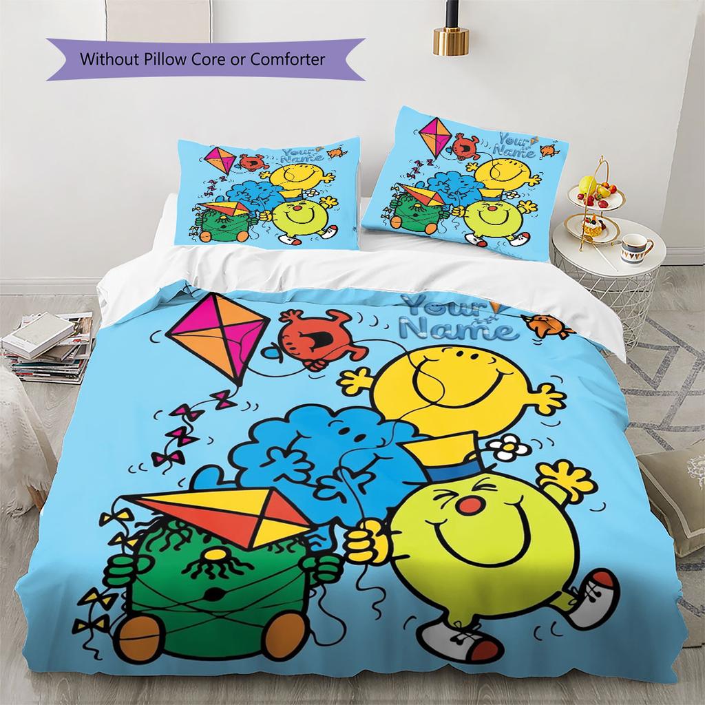 Mr. Men Little Miss Custom Name Pattern Bedding,Quilt Set Quilt Cover Pillowcase Home Birthday Gift(1 * duvet cover + 2 * pillowcase, without core)