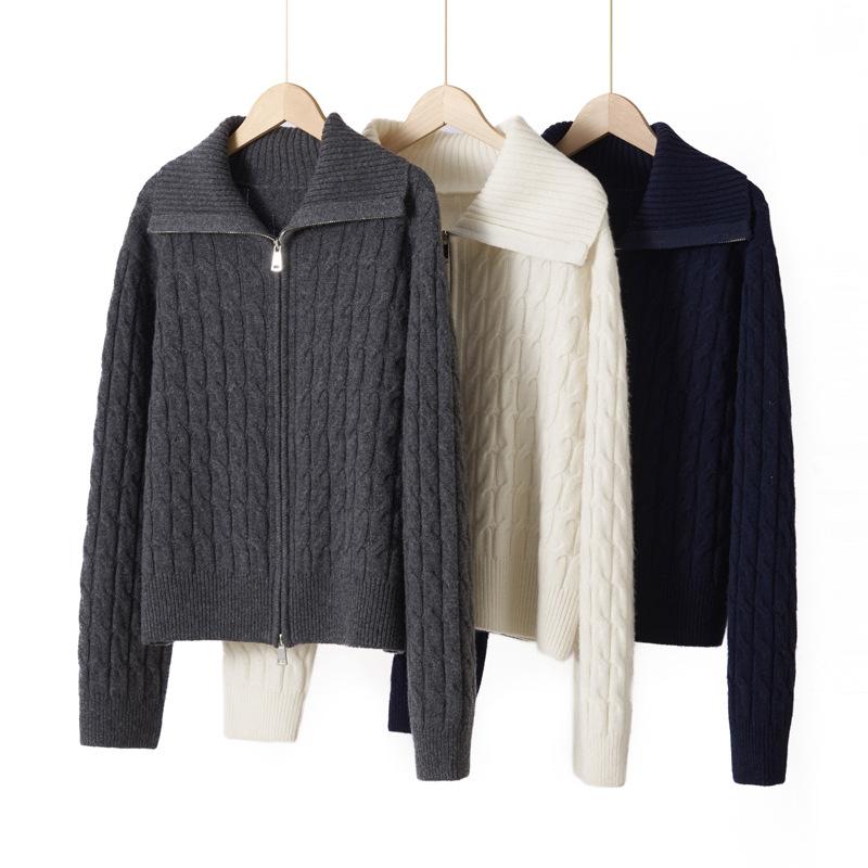 Autumn And Winter New Lapel Double Zipper Casual Knitted Cardigan Top Women'S Retro Twist Loose Lazy Sweater Jacket