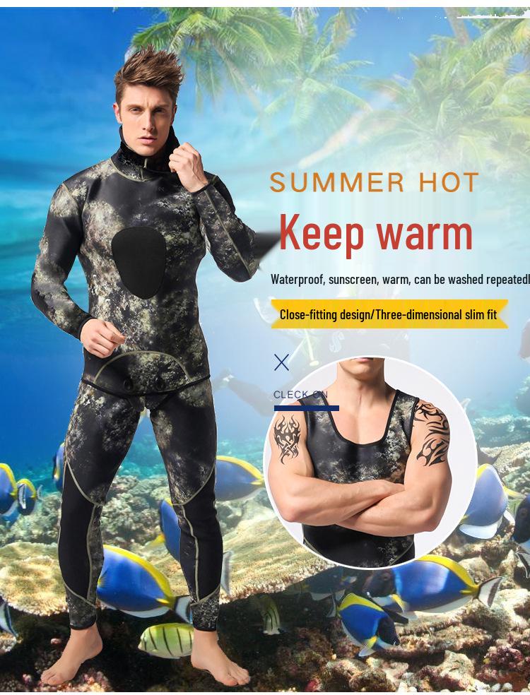 Kamuflážový 3mm potápěčský a spearfishingový neopren s kapucí - Chladuvzdorný a teplý jednodílný oblek pro freediving a lov