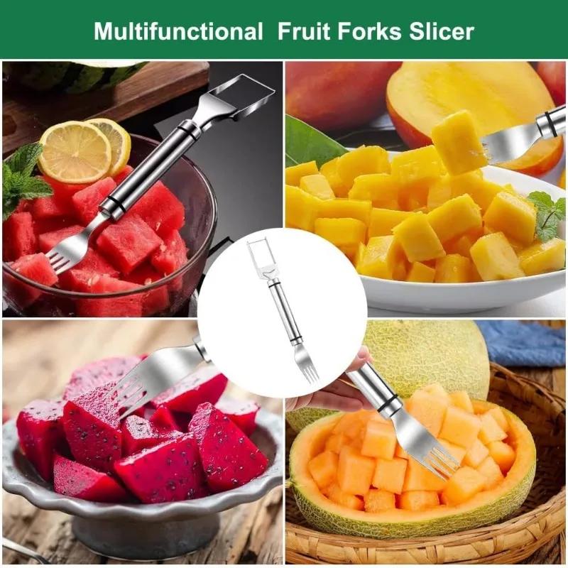 2-in-1 Stainless Steel Fruit Cutter Portable Fruit Forks Slicer Stainless Steel Fruit Cutter for Home Party Camping Kitchen Tool