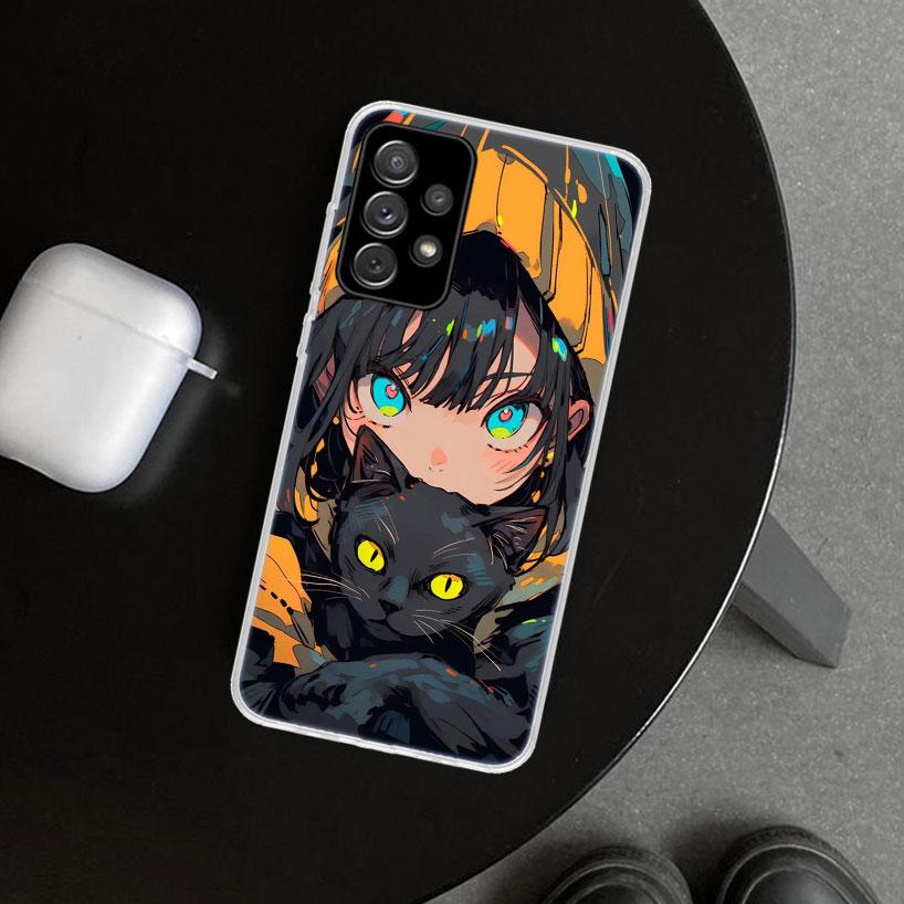 Anime Girls Cute Black Cat Phone Case Cover for Samsung Galaxy A12 A22 A32 A52 A72 A02S A51 A50S A31 A20S A10S Note 20 Ultra 10