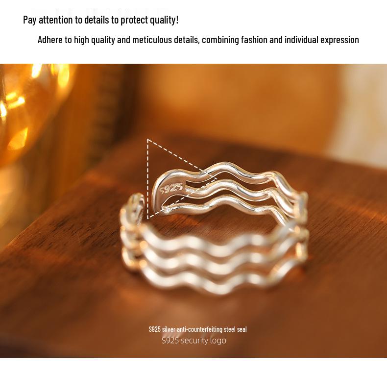 Banyan Tree S925 Silver Triple Wave Korean Ring, Adjustable Plain Cold-Style