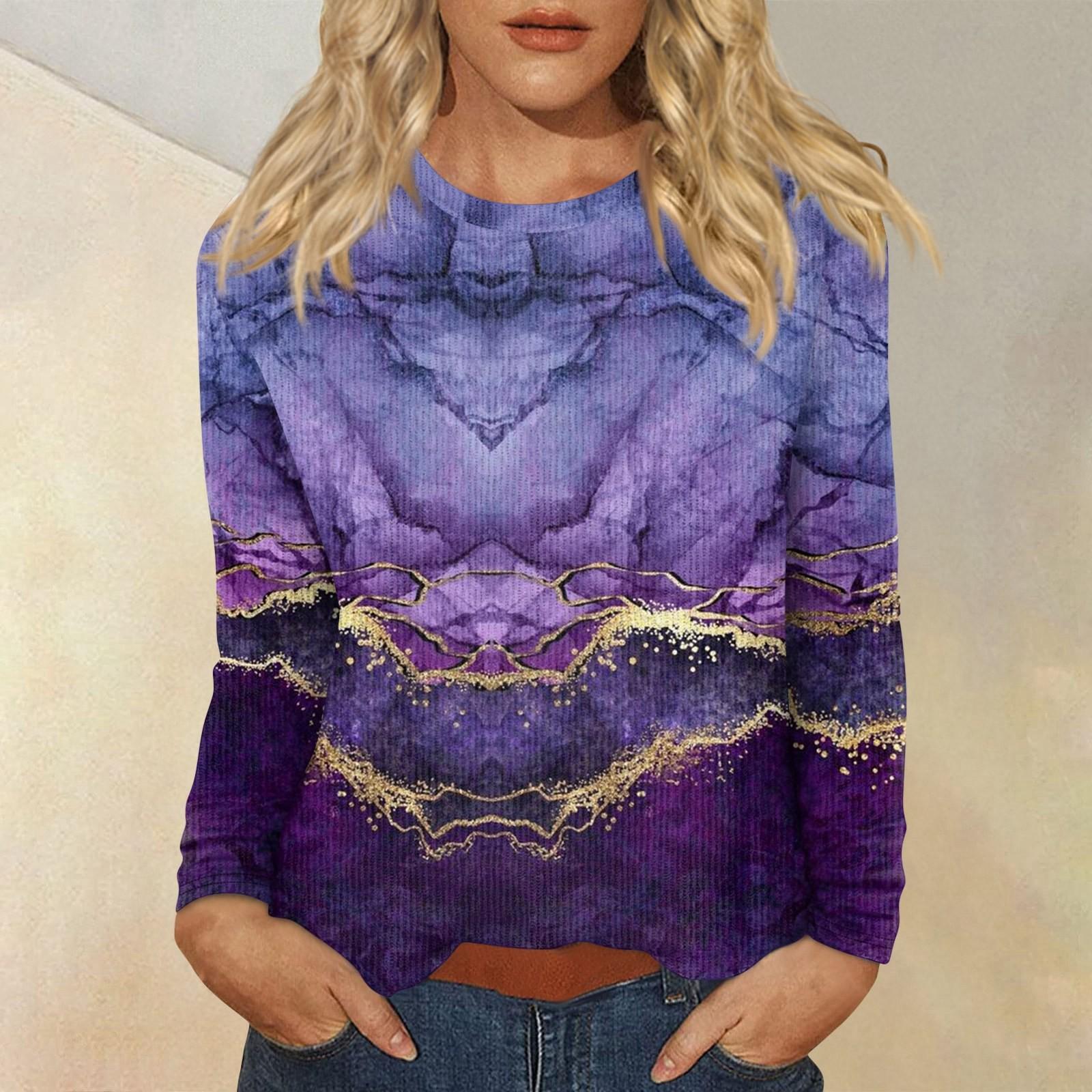 

Длинные рукава топы для женщин футболка повседневные принты топы футболка круглый вырез пуловер блузка XL фиолетовый