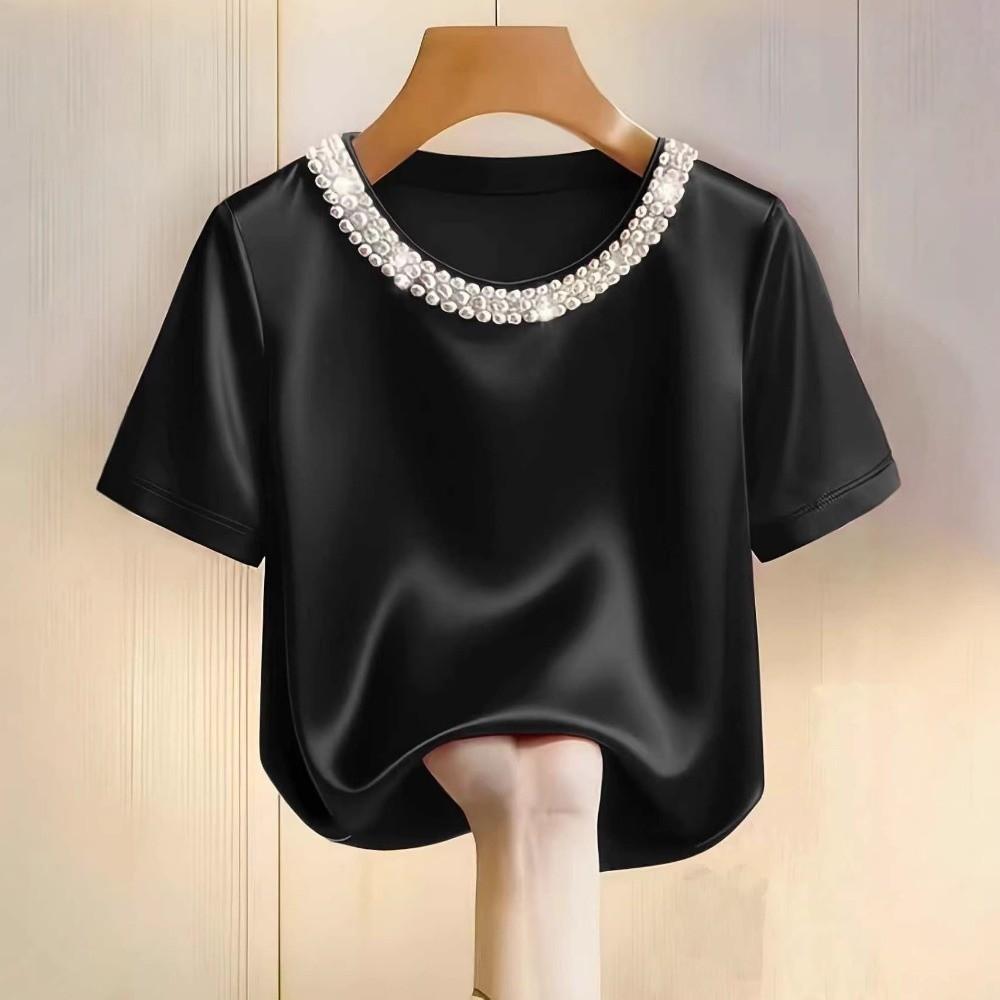 Elegantes Perlenkragen-T-Shirt Locker Damenoberteil Bequemes Satinseiden-T-Shirt Bürokleid