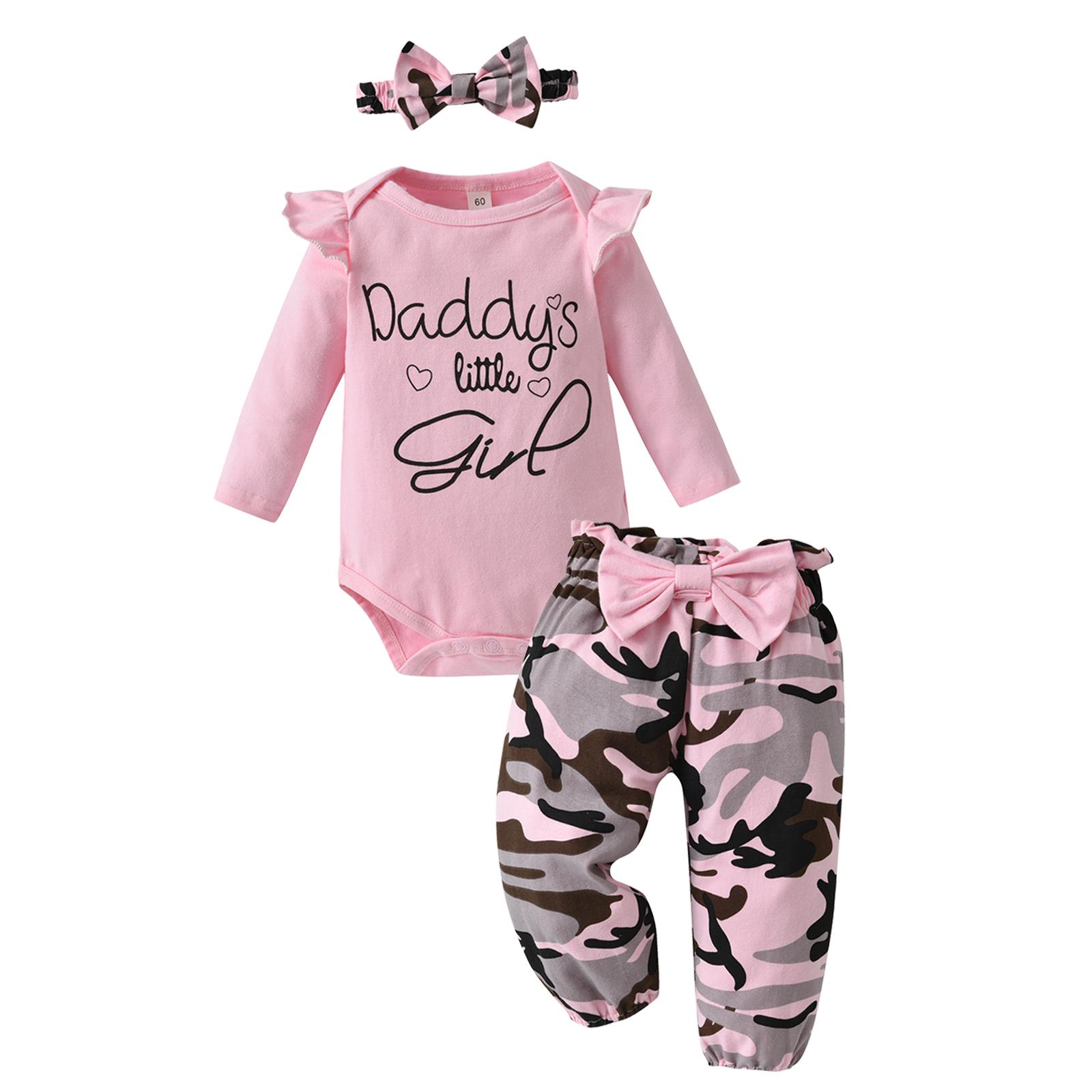 Baby Girl Clothes Long Sleeve Ruffle Daddy s Little Girl Tops+Camouflage Bow Pants+Headband Newborn Infant Girls Outfits Set Newborn