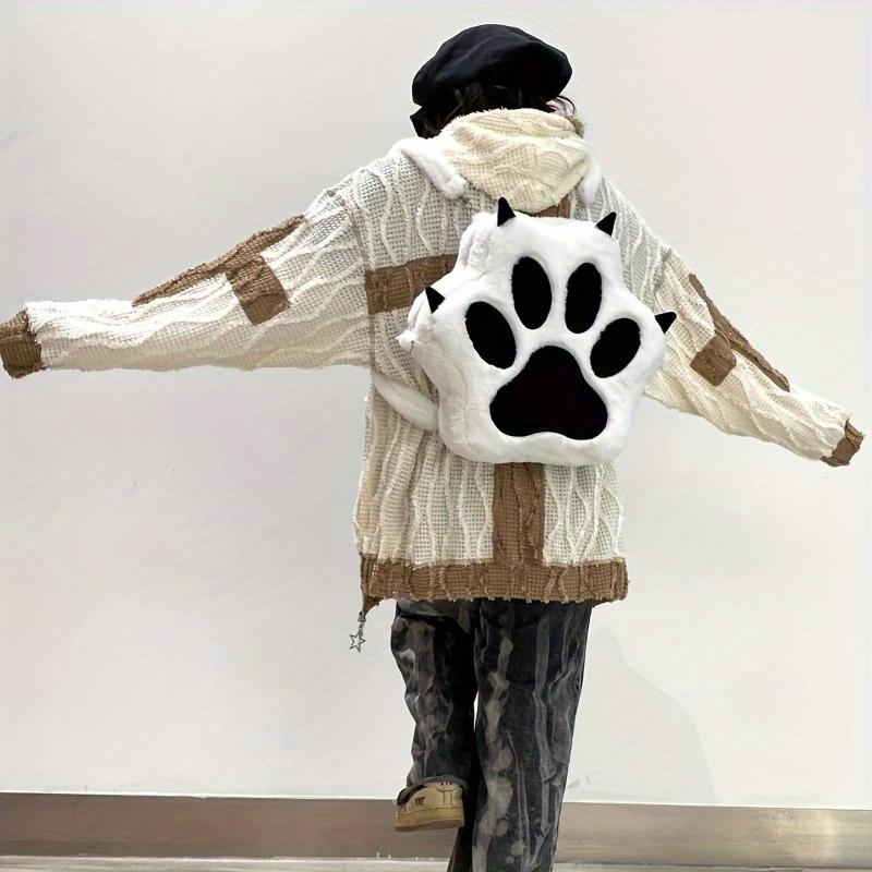 Cartoon Puppy Paw-Shaped Plush Large-Capacity Backpack,Featuring A Zip Closure Design,Stylish Faux Fur Leather Bag,Creative Trendy School Backpack