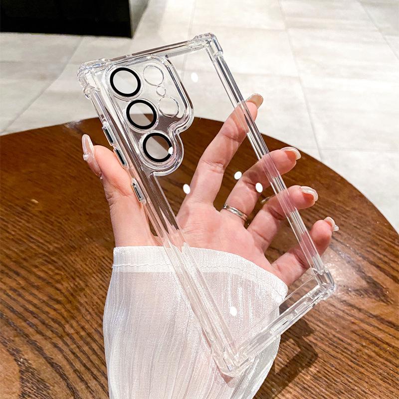 

Квадратный защитный чехол-подушка безопасности с защитной пленкой для объектива против отпечатков пальцев для Samsung S24 Ultra/N10/S25. S24 Ultra прозрачный