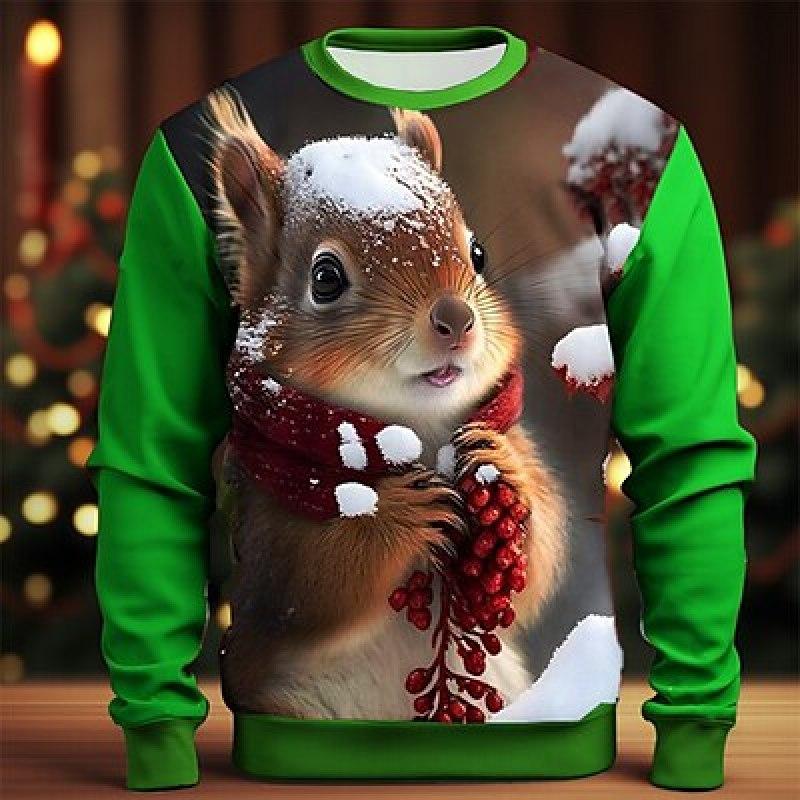 Pánská móda Graphic Squirrel Mikina s 3D potiskem Prázdniny Prázdniny Mikiny Černá Červená Dlouhý rukáv Posádka Výstřih Designér