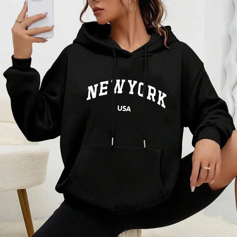 Trendy Women s Hooded Sweatshirt, Oversized Silhouette, Street Style S чёрный