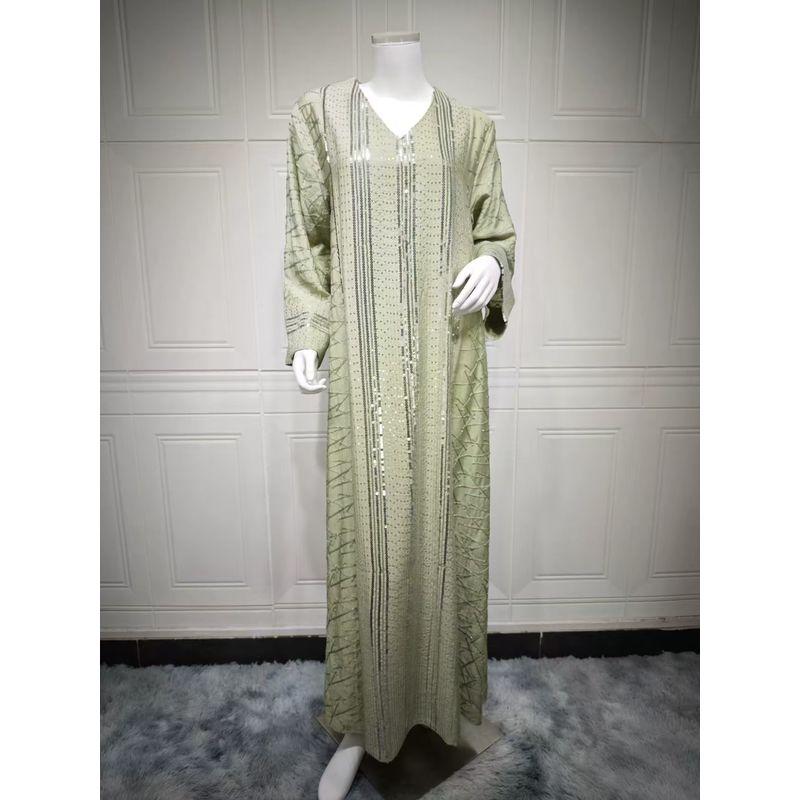 

New Middle East Dubai Long sleeve V-neck Robe Loose Sequin Embroidered Dress V-Neck Sequin Dress Light army green S