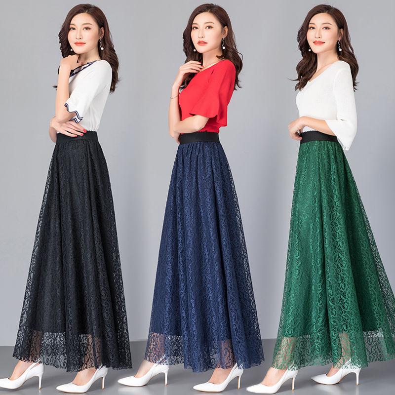 Velká velikost Univerzální A-liniová Dlouhá sukně Dámská Jarní a Podzimní Krajková Elastická S Vysokým Pasem Středně dlouhá Sukně