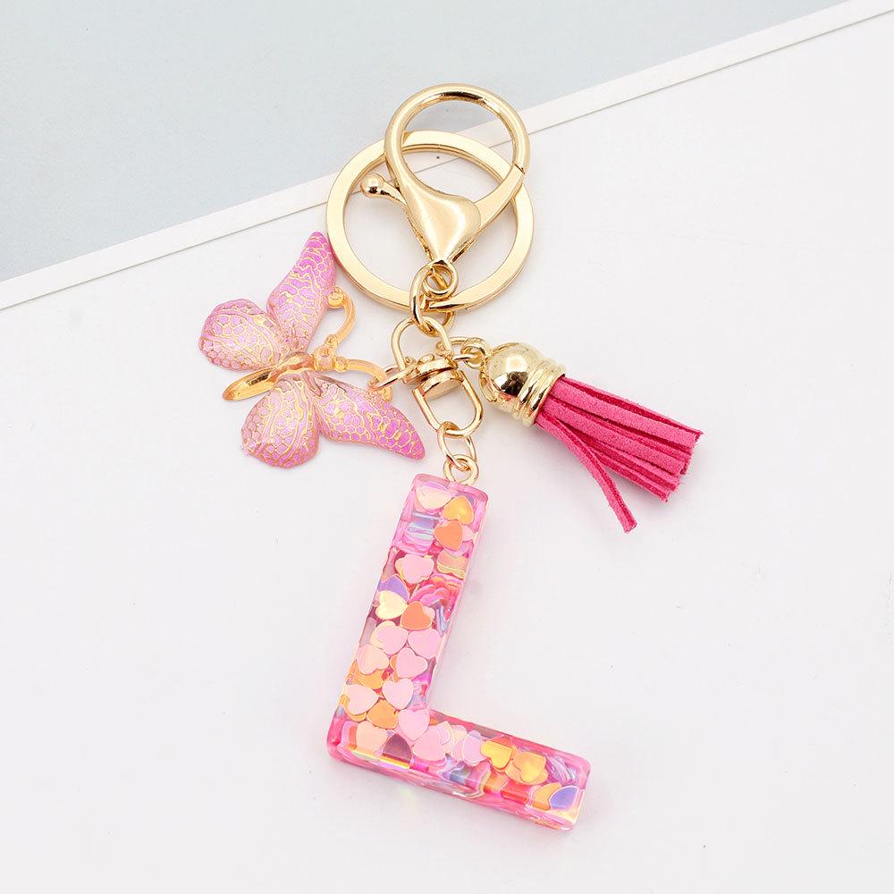 Pink Butterfly Tassel & Resin Sequin Letter Keychain - Backpack Charm for Women