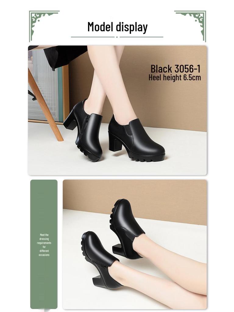 Women's Chunky Heel Platform Loafers - 2024 Spring/Autumn, Round Toe, Leather, Slip-On, Waterproof.