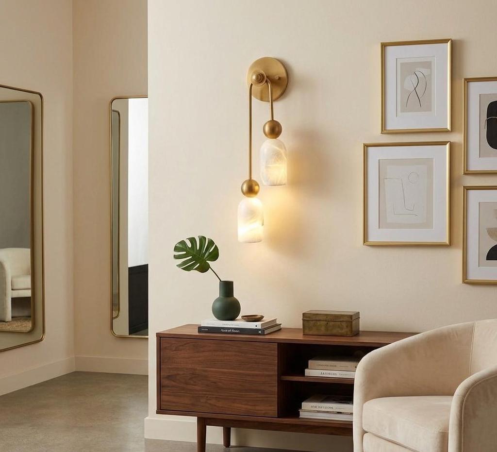Alabaster Brass Double Wall Sconce Modern Luxury Bathroom Wall Light Fixture