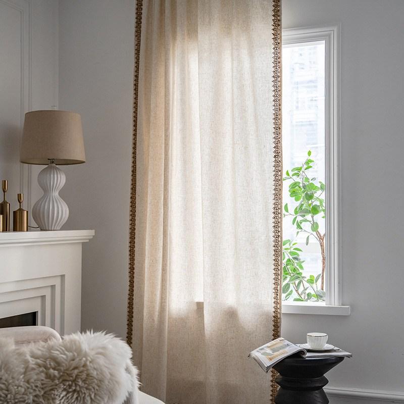 Linen Curtain Country Style Window Hanging Blackout Lace Tassel Curtains for Living Room Bedroom Easy Drape Dector for Window