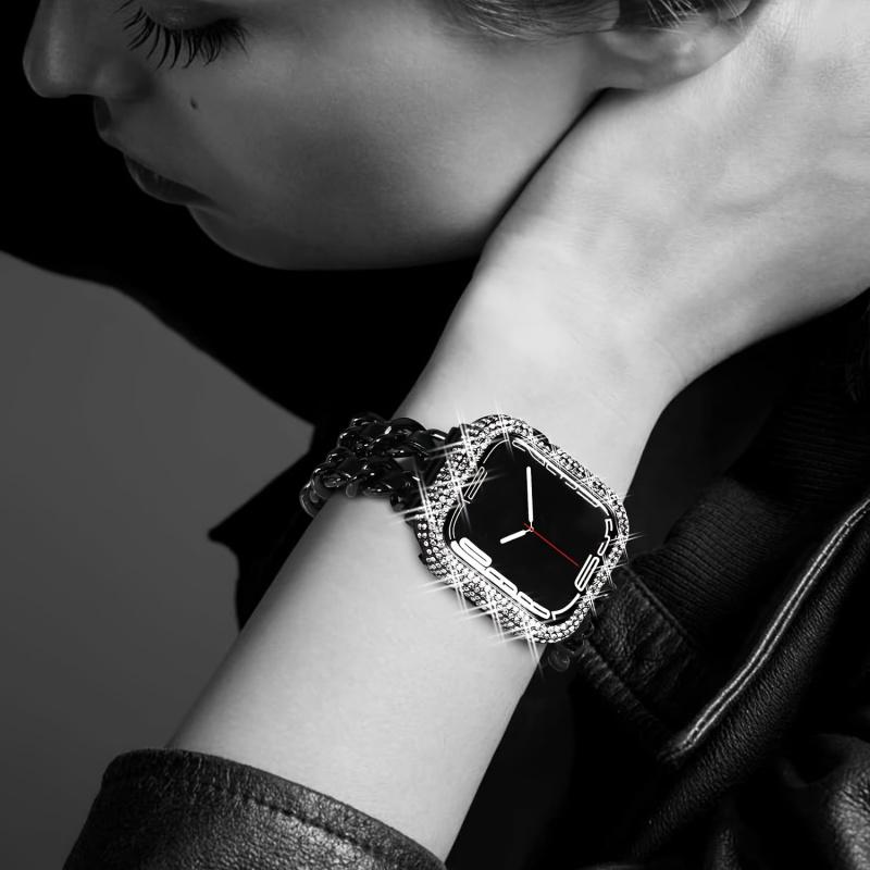 Rhinestone-Encrusted Tempered Glass PC Case for iWatch SE/9-1 Fits 38/40/41/42/44/45mm For Apple Watch Protective Cover