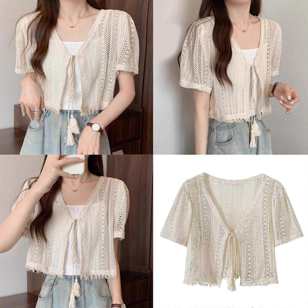 Women Crochet Shrug Sweater Tie Front Knit Boleros Shrugs for Dresses Short Sleeve Cropped Cardigan Beach Coverups Gifts One Size