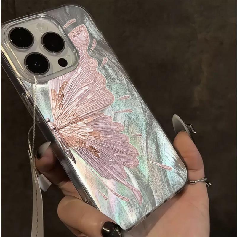 Pink butterfly silver feather gauze phone case suitable for iPhone 17 16 15 14 13 12 11 Pro/Max/Plus anti drop and shockproof