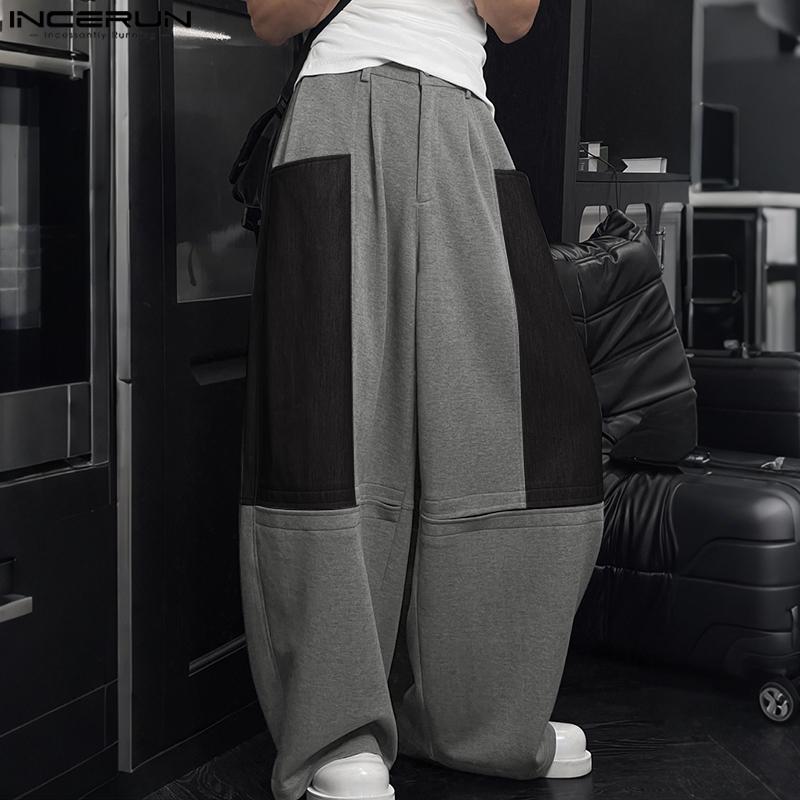 INCERUN Oversized Men Zipper Waist Pockets Stitching Wide Leg Pants Casual Long Trousers