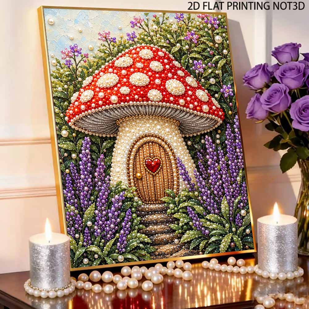 Mushroom House Pearl Art Kit with Frame 3D Sparkling Bead Canvas Relaxing Craft for Cozy Room Wall Decor and Creative DIY Art Projects