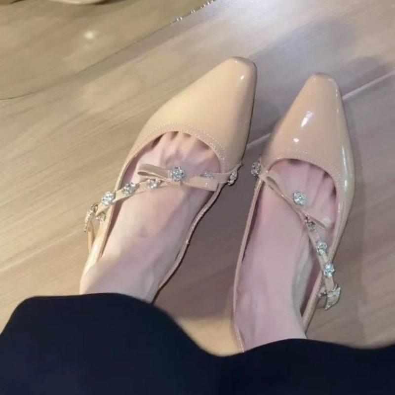 Fashion Inside Heightened Rhinestone Single Shoes 2025 New Pointed Toe Flat Versatile Mary Jane Women's Shoes
