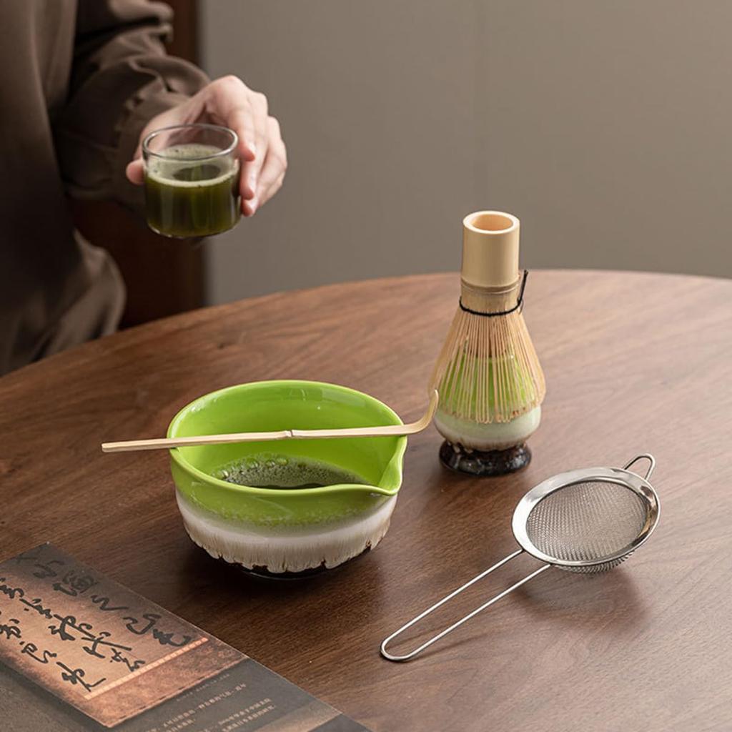Matcha Tea Ceremony Japanese Tea Ceremony Tea Chashaku Matcha and Whisk 7-Piece Set, Utensils, Bowl, 100-Standing Chasen, (Tea Scoop), Powder, (Green)