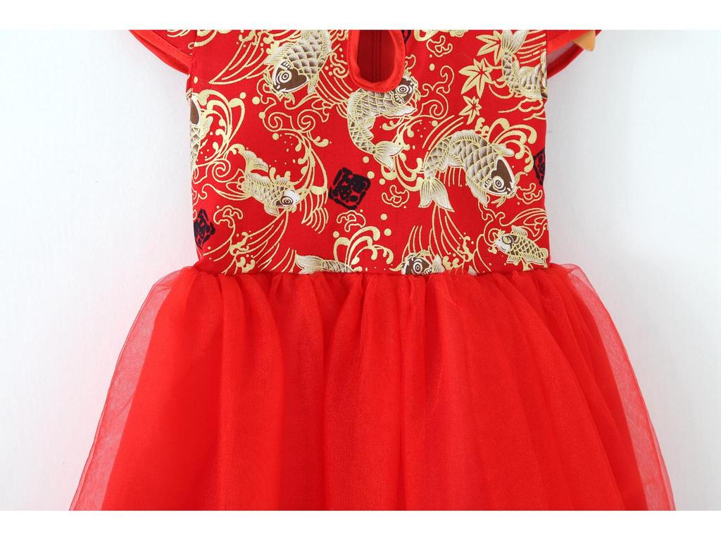 Spring Autumn Loose Fit Kids' Mesh Princess Dress - Chinese Style Short Sleeve Costume