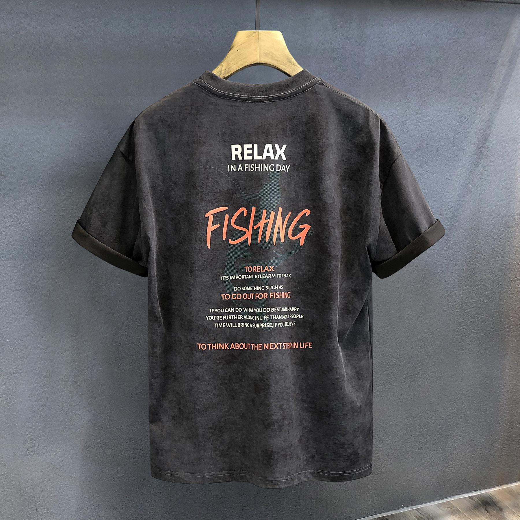 

Shark Angler High Quality Pad-Dyed Watermark Heavy Short Sleeve T-Shirt Men S American Retro Half Sleeve T-Shirt 3XL чорний