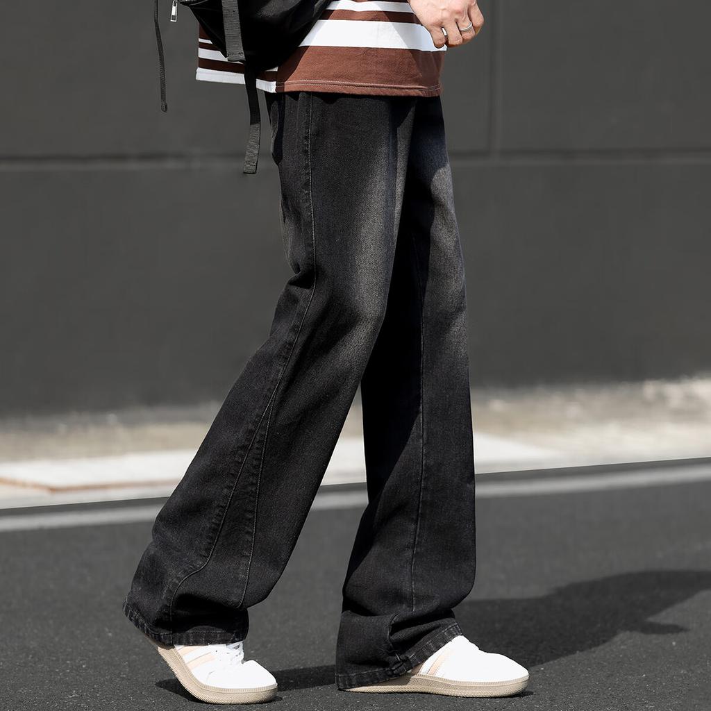 SWAMP AREA American High Street Vintage Men's Denim Jeans Spring Autumn Loose Straight Wide Leg Slight Flare Long Pants K113 Black 3XL