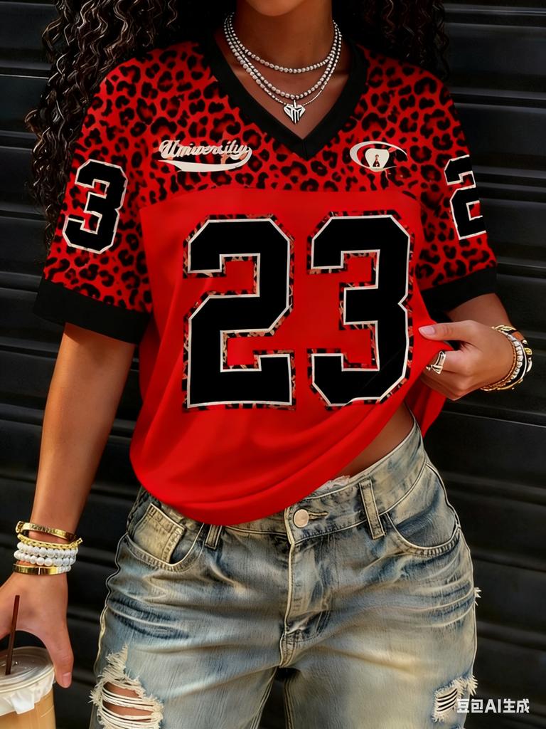 2026 Heißverkauf Damen Nummer 23 Leopardenmuster Bequem Atmungsaktiv Locker V-Ausschnitt Kurzärmelig Baseball T-Shirt Damen T-Shirt