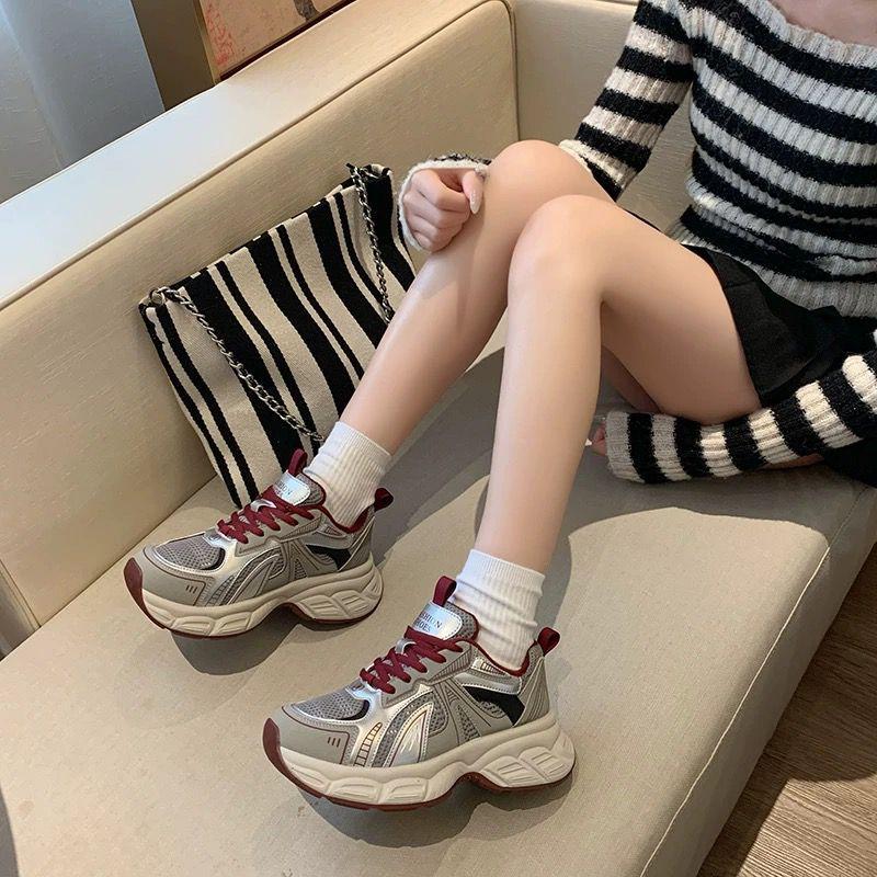 Slope heel platform dad shoes spring and autumn new sports shoes padded comfortable lace-up mesh breathable women's shoes
