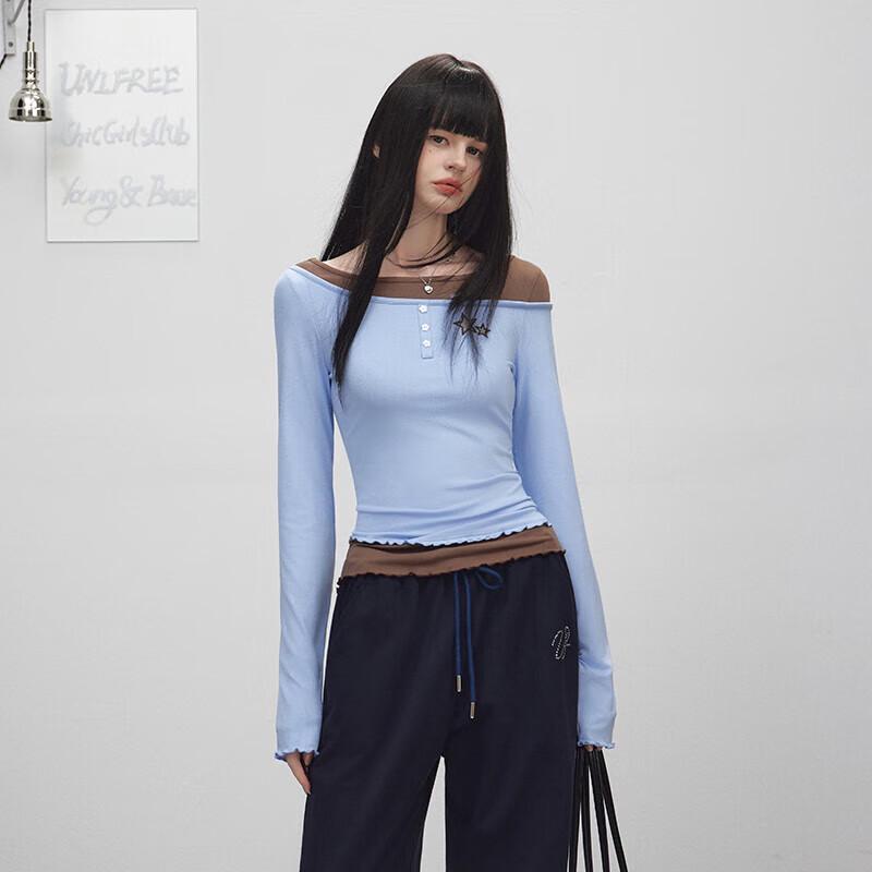 UNIFREE Faux Two-Piece Colorblock Asymmetric Long Sleeve T-Shirt S