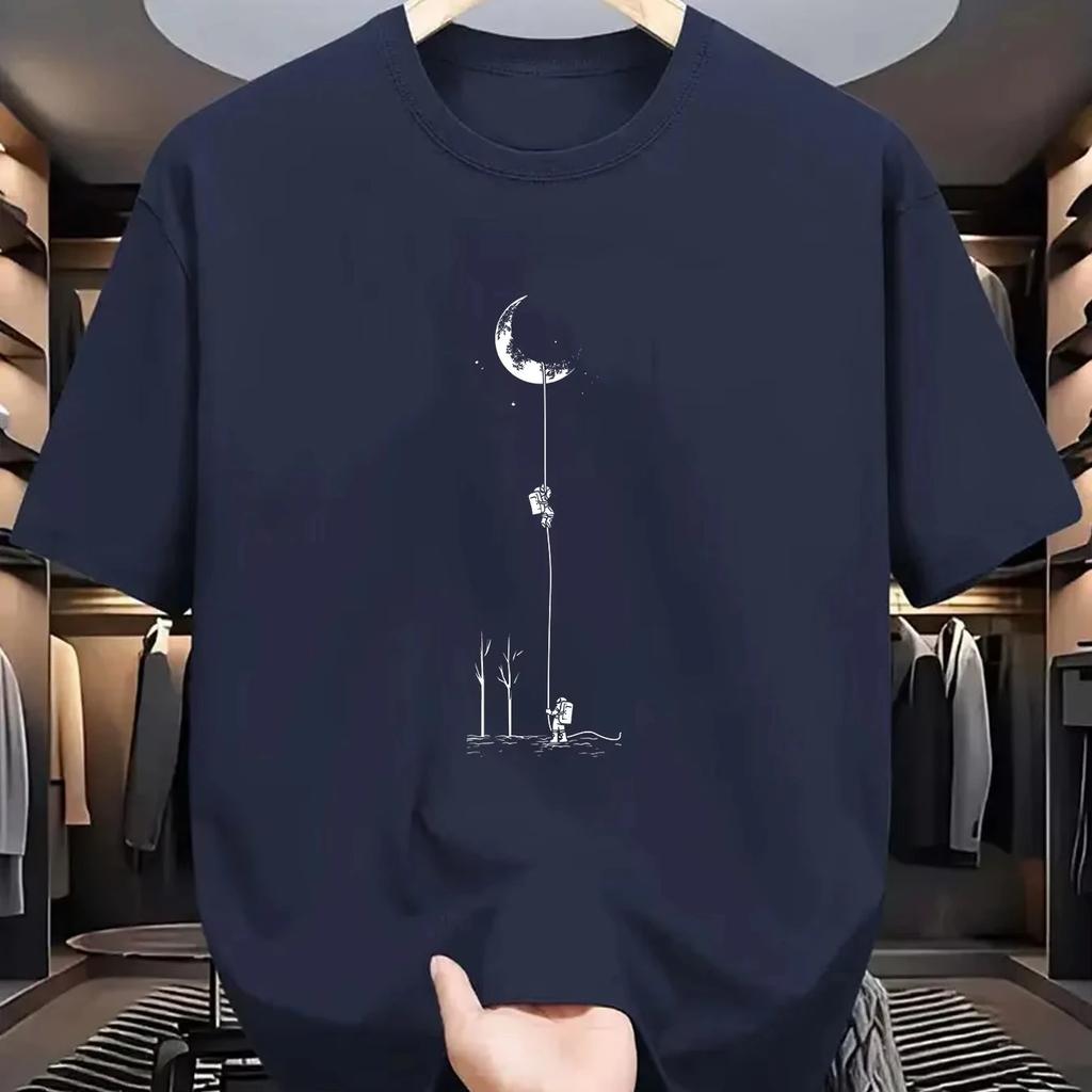 2025 Summer men's 100_ pure cotton casual loose fit plus size moon landing pattern printed round neck short sleeved T-shirt top