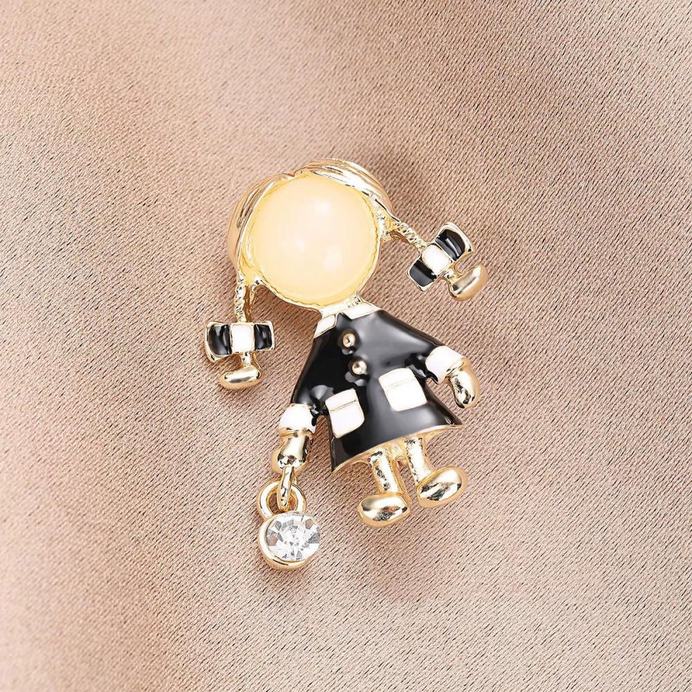 New Geometry Zircon Drop Glazed Bow Double Braided Little Girl Brooch Unique Fashion Versatile Cartoon Character Jewelry Gift
