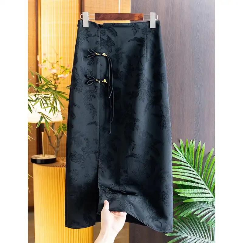 Jacquard Skirt for Women Spring Summer New Retro Beaded Disc Buckle High Waist Slit Hip