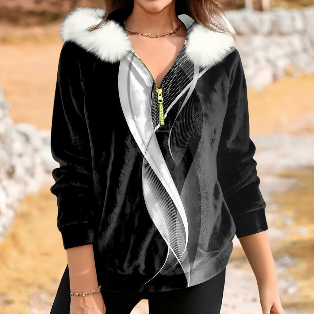 Women's Loose And Comfortable Casual Fashion Half-Zip Hooded Long Sleeve Conventional Printing Top
