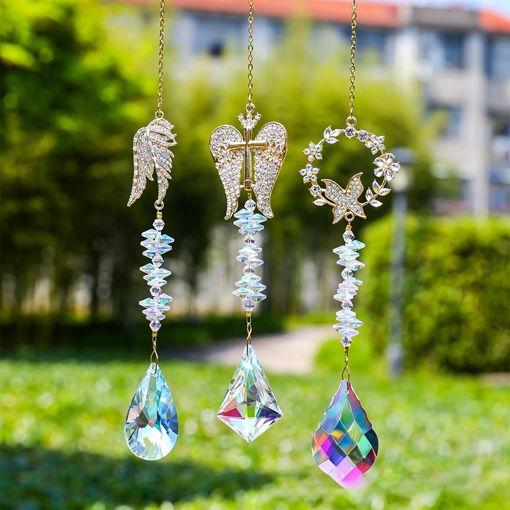 3Pcs Gemstone Suncatchers with Angel Wing Cross Butterfly and Floral Elements for Rainbow Projection and Decorative Hanging China Mainland