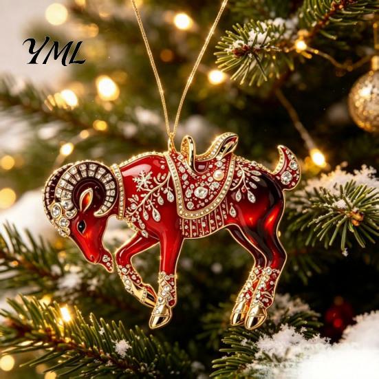 Gift for Christmas Holiday Acrylic Goat Tree Pendant, Decorative Hanging Ornament with Clear Animal Rhinestone, Golden Cord New Year Party Durable