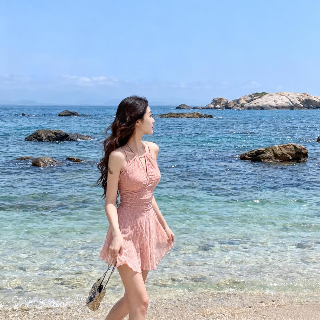 Women's Pink Halterneck Lace Swim Dress - Slimming One-Piece Swimsuit for Hot Springs, Tummy Coverage, Gentle Temperament